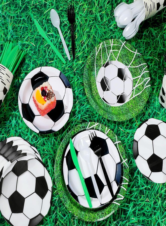 Domensi 214 Pcs Soccer Party Decorations Supplies Includes Soccer Paper Plates and Napkins, Cups, Tablecloths, Cutlery, Banner for Sports Birthday Party Decorations, Serves 30 Guests - Image 2
